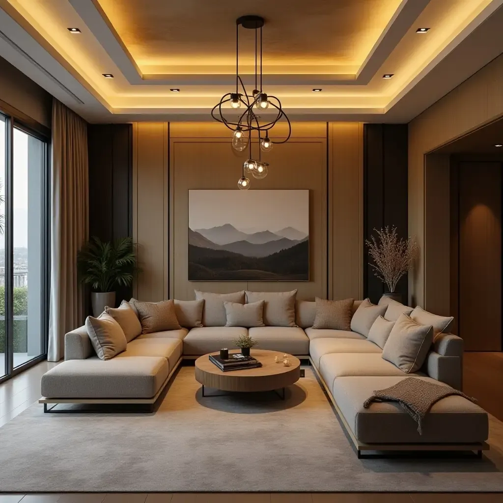 a photo of an inviting living room with layered lighting fixtures