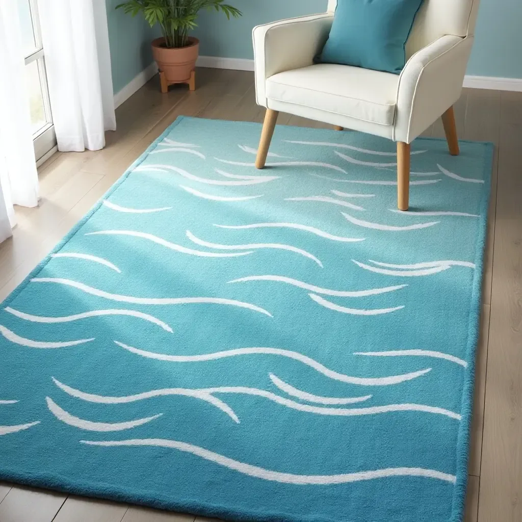 a photo of a calming, ocean-themed rug with soft blues