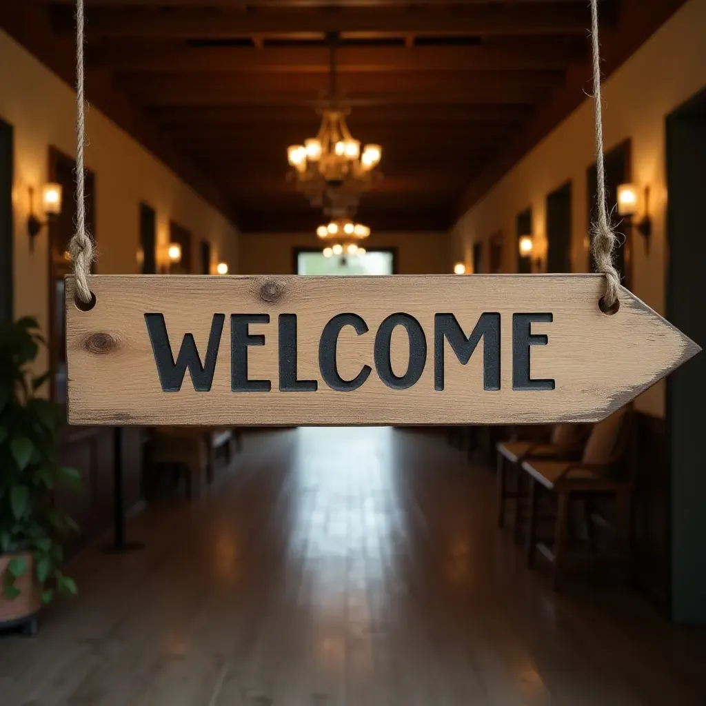 a photo of a rustic wooden sign welcoming guests in a vintage entrance hall