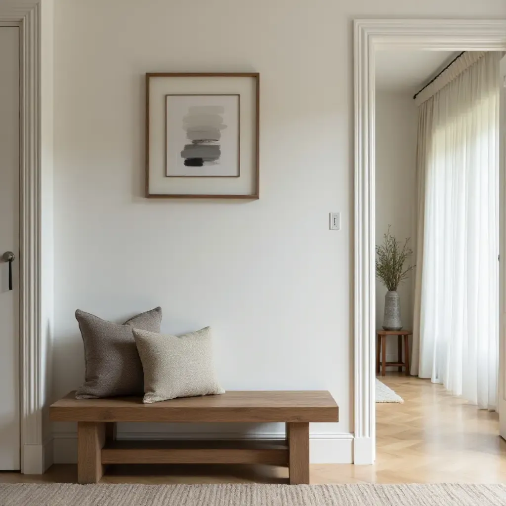 a photo of a rustic wooden bench in a stylish foyer