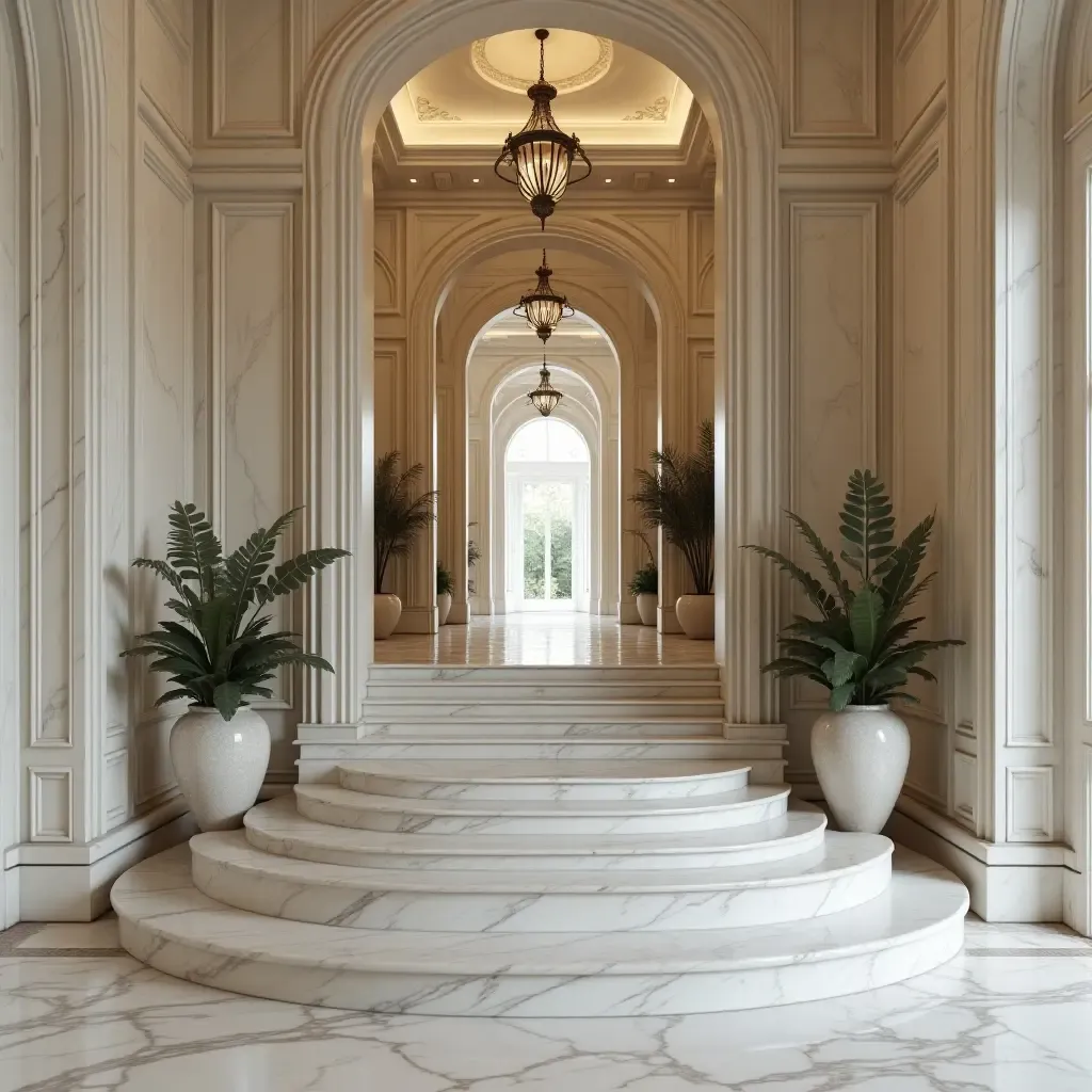 a photo of a luxurious marble staircase leading to a beautifully decorated entrance hall