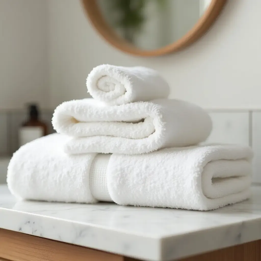 a photo of towels folded neatly on a bathroom counter