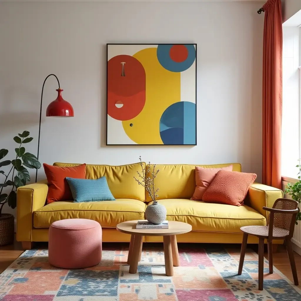 a photo of a colorful living room with playful patterns and art