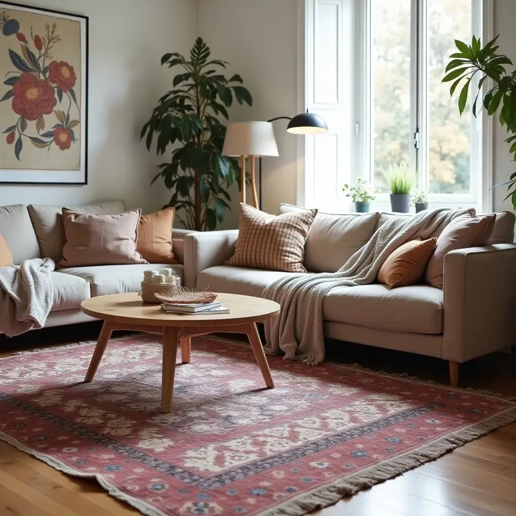 a photo of a layered rug arrangement in a bohemian living room