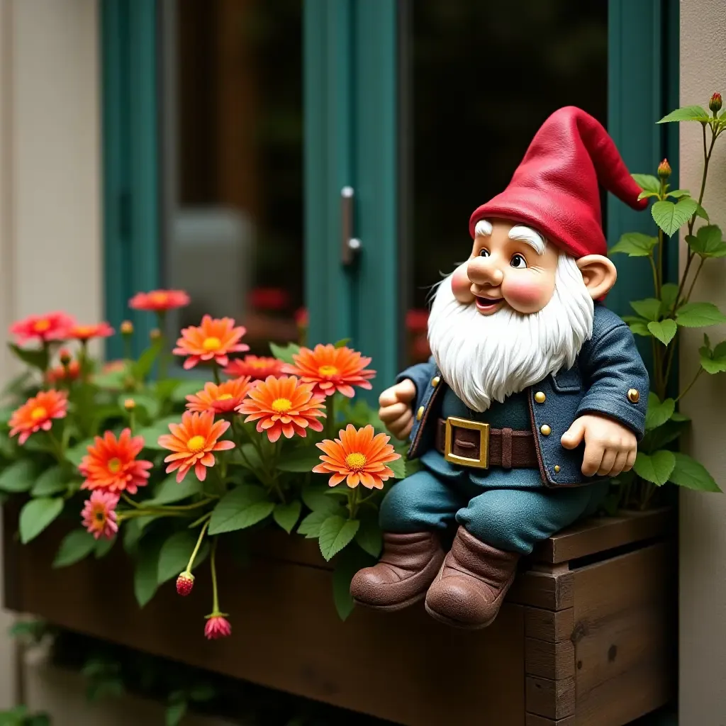 a photo of a balcony featuring a whimsical garden gnome among flowers