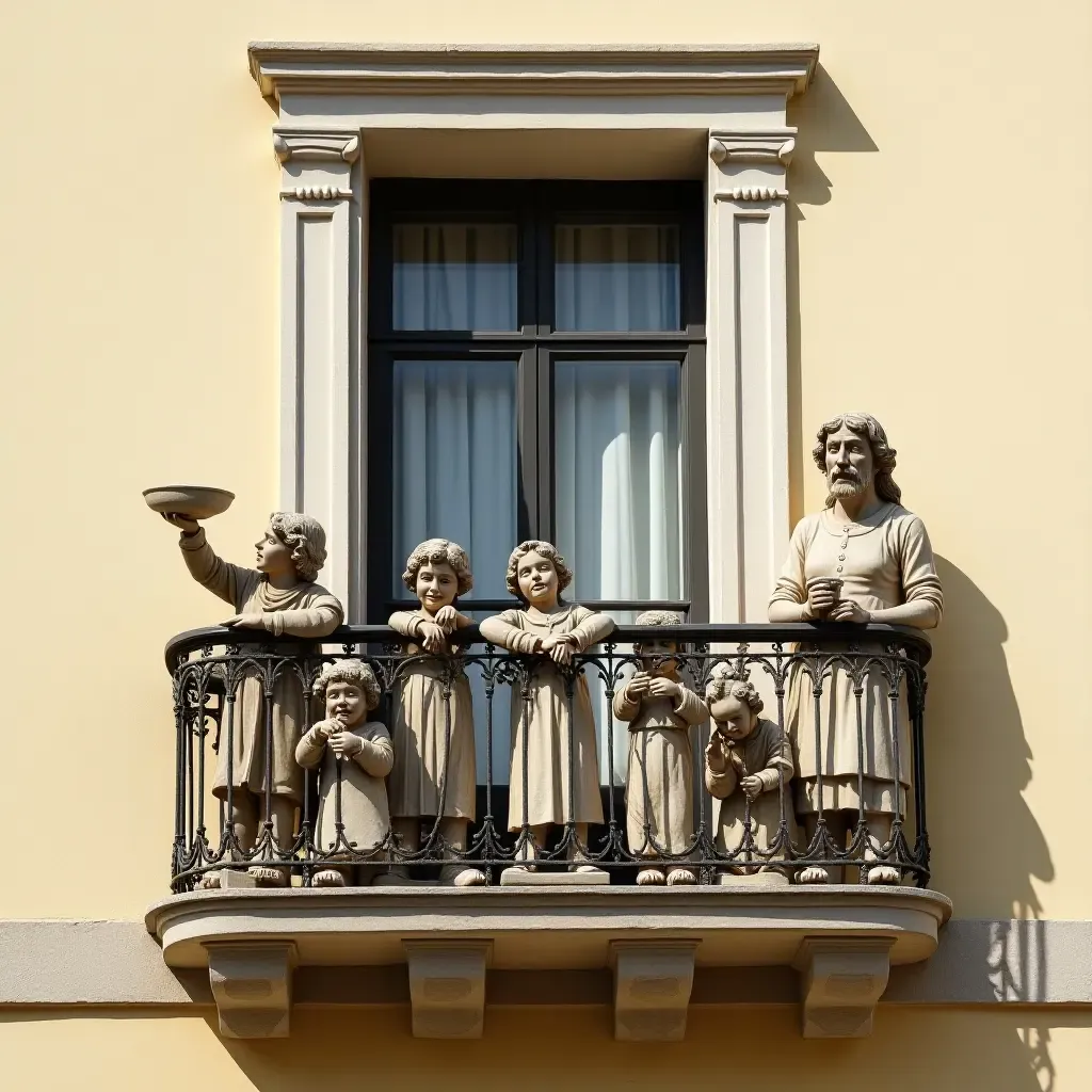 a photo of a balcony adorned with a collection of whimsical statues