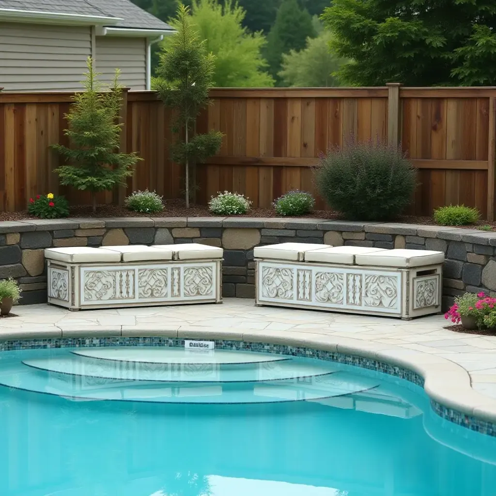 a photo of organized pool area featuring decorative storage boxes