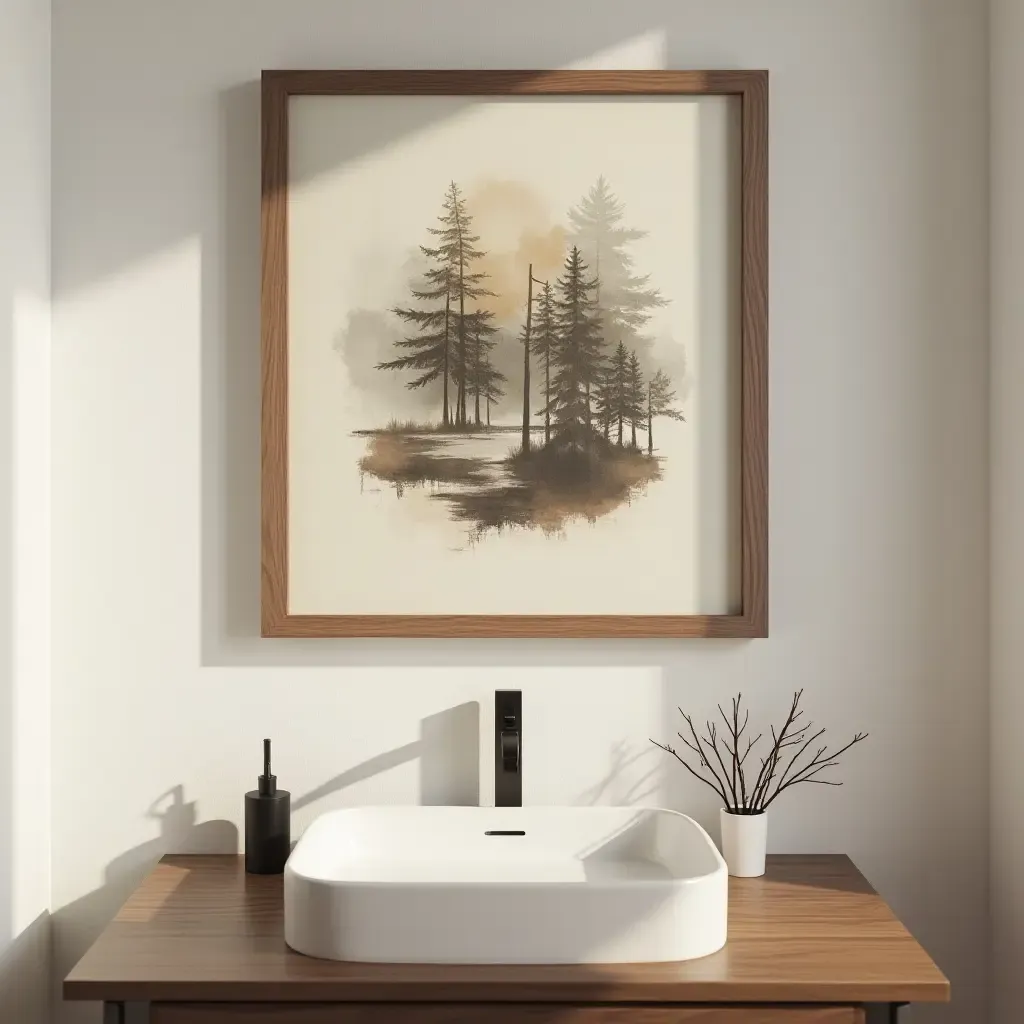 a photo of a wooden framed artwork above a bathroom sink