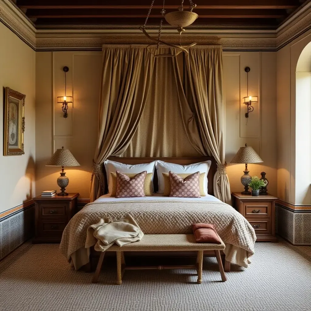 a photo of a traditional Mediterranean bedroom with intricate tile work and rich fabrics