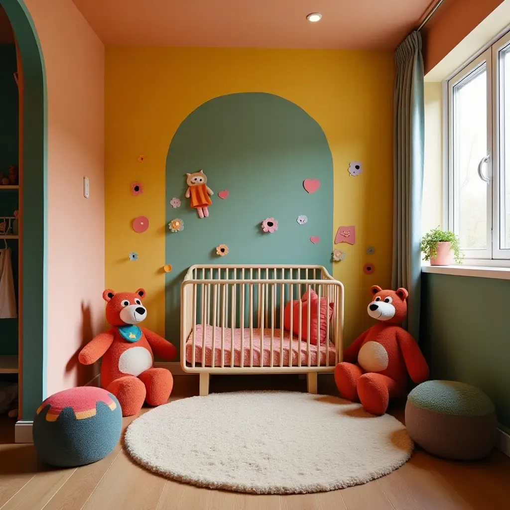 a photo of a whimsical basement nursery with colorful decor and playful elements