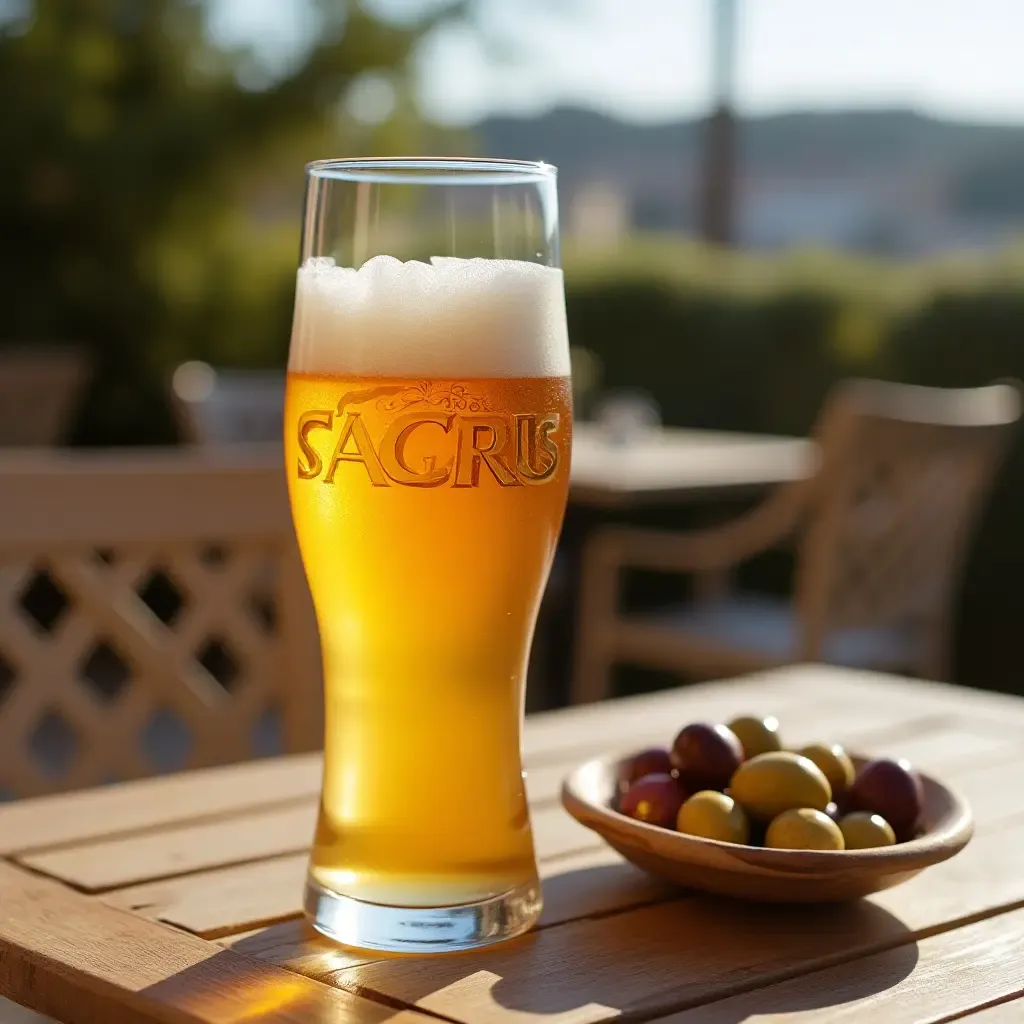 a photo of a frothy glass of Sagres beer, served with olives and nuts on a sunny terrace.