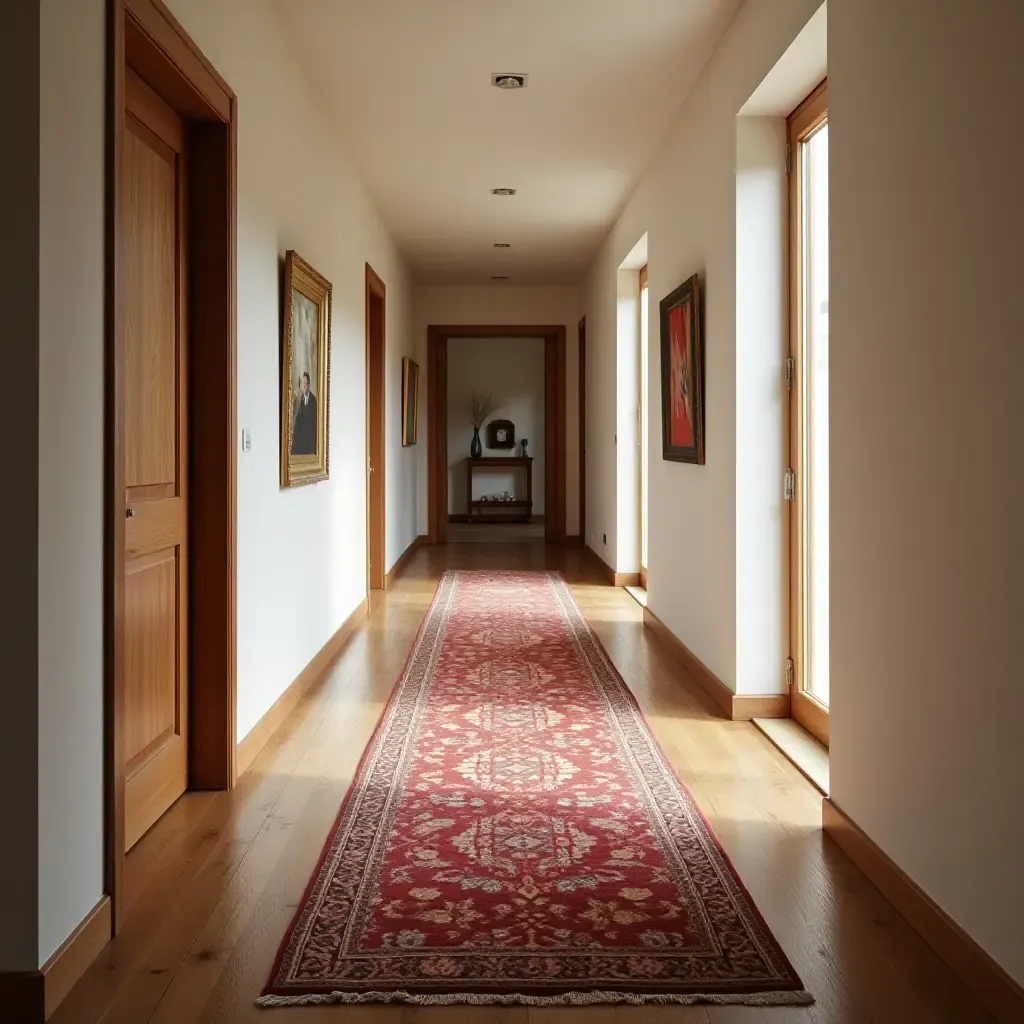 a photo of a corridor with wooden flooring and colorful rugs