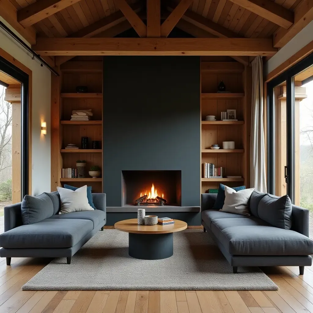 a photo of a dark grey couch in a rustic living room with wooden beams and a fireplace