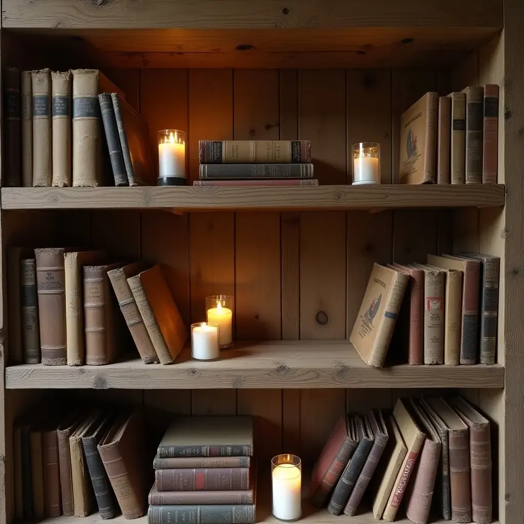 a photo of rustic wooden open shelves adorned with vintage books and candles