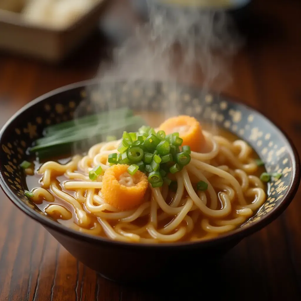 a photo of a steaming bowl of udon noodles in a rich, savory broth with green onions and tempura.