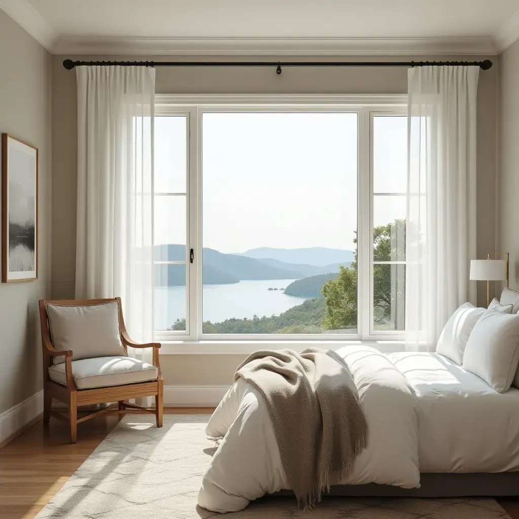 a photo of a bright bedroom featuring a large farmhouse window with a view