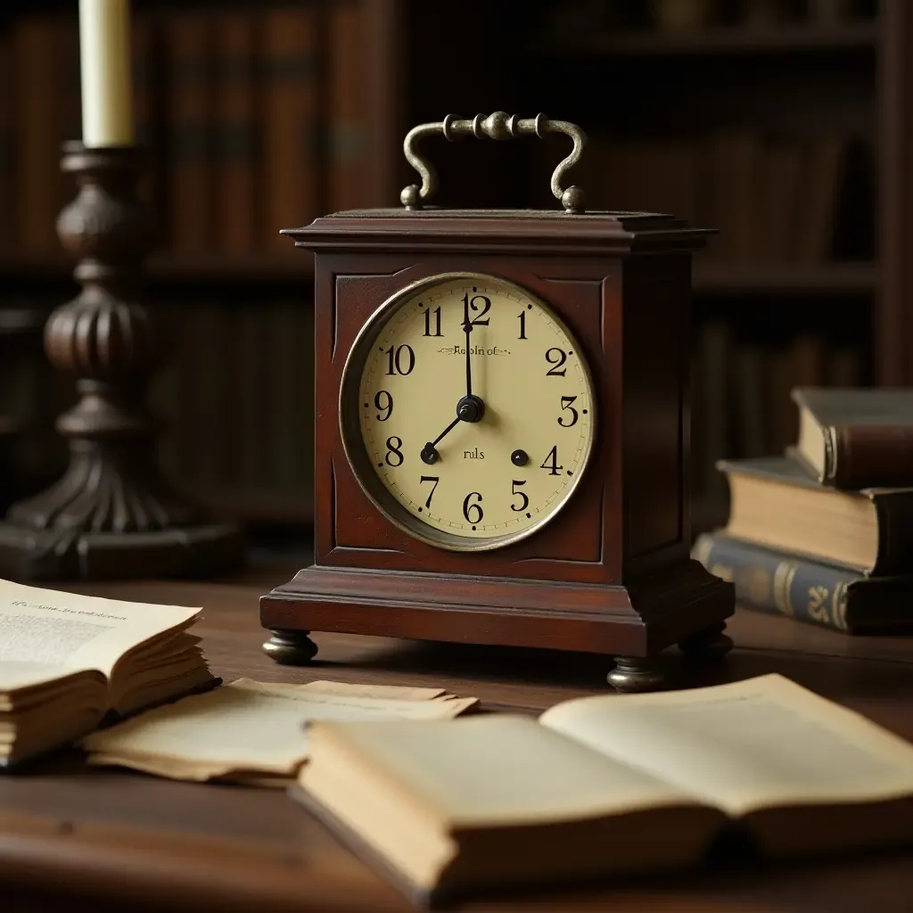 a photo of a vintage clock on a library desk surrounded by old manuscripts