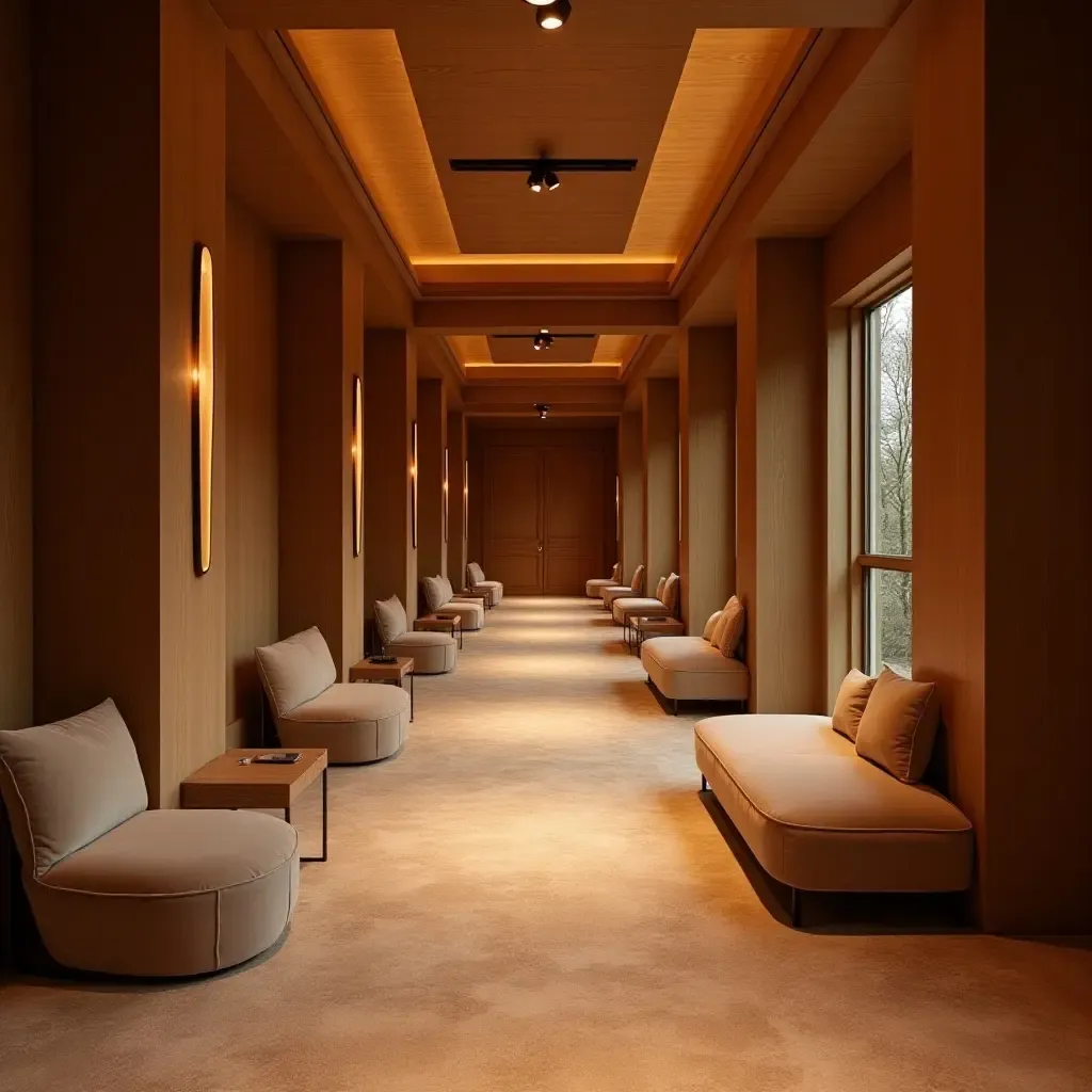 a photo of a luxurious corridor with plush seating options