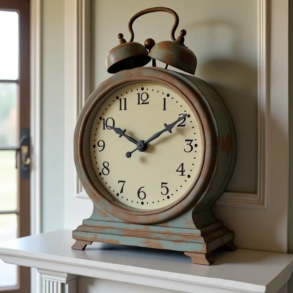 a photo of a decorative vintage clock on a mantel in an entrance hall