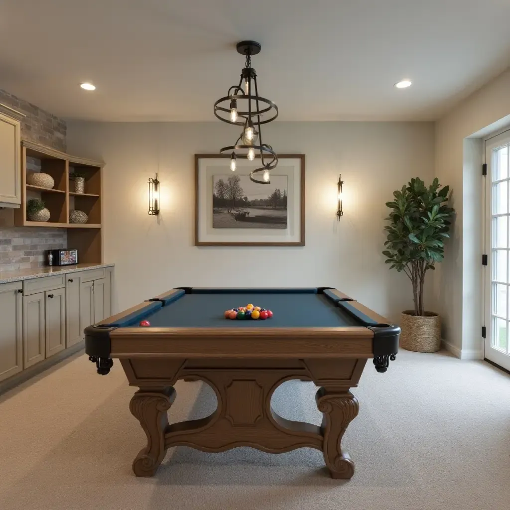 a photo of a farmhouse-inspired game room in a finished basement