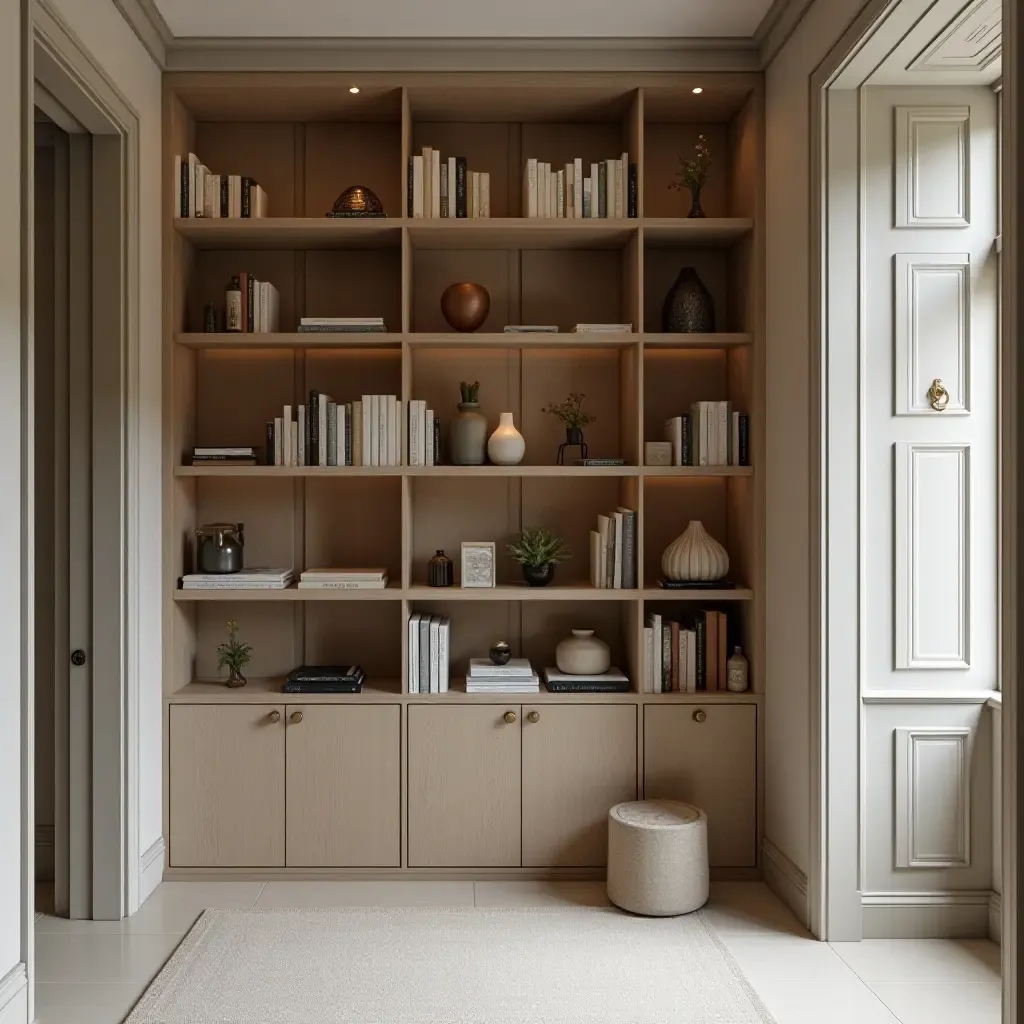 a photo of an elegant corridor shelving with a mix of books and decor