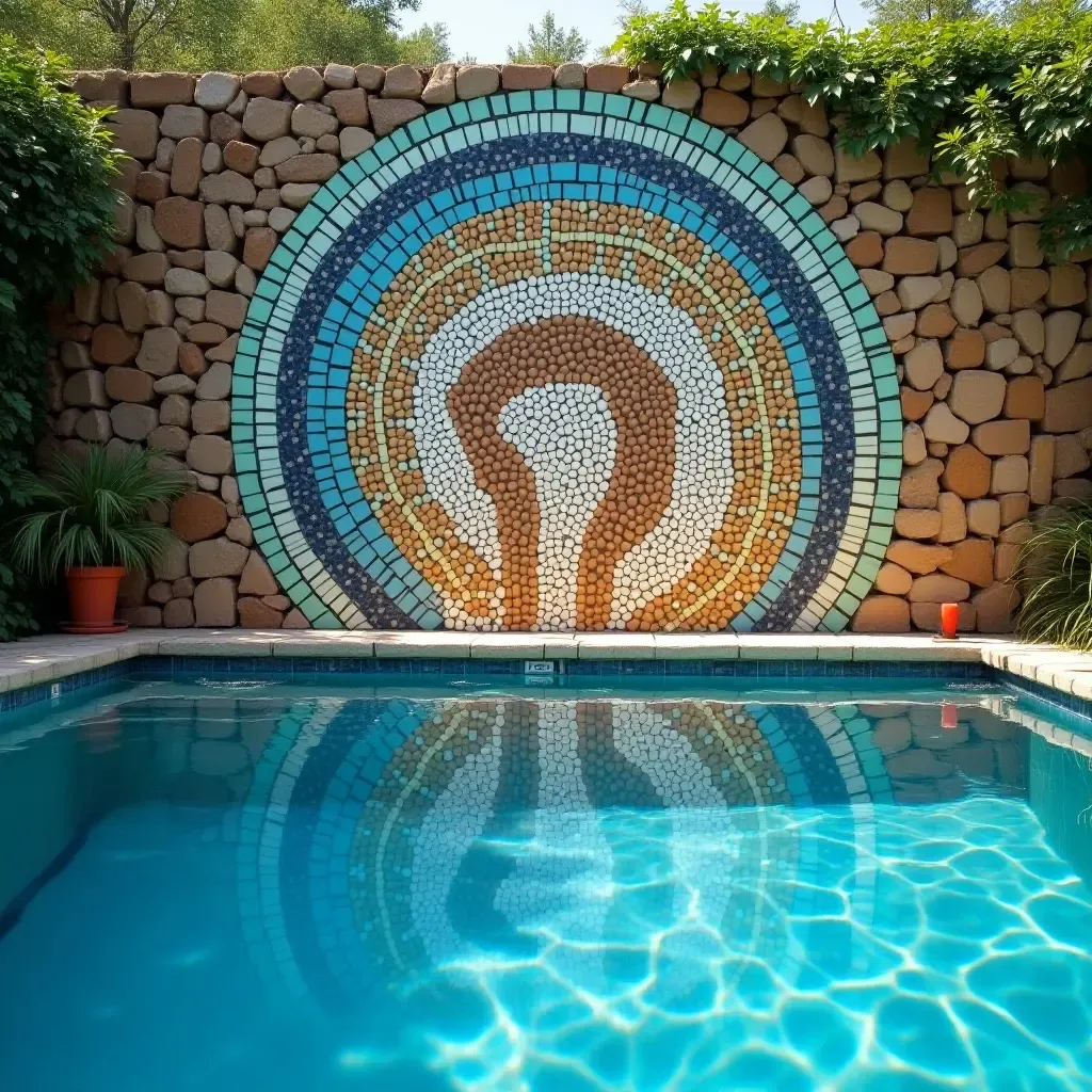 a photo of an artistic mosaic tile design on a pool wall