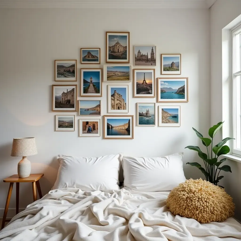 a photo of a photo collage wall with memories and travel pictures in a teen&#x27;s room