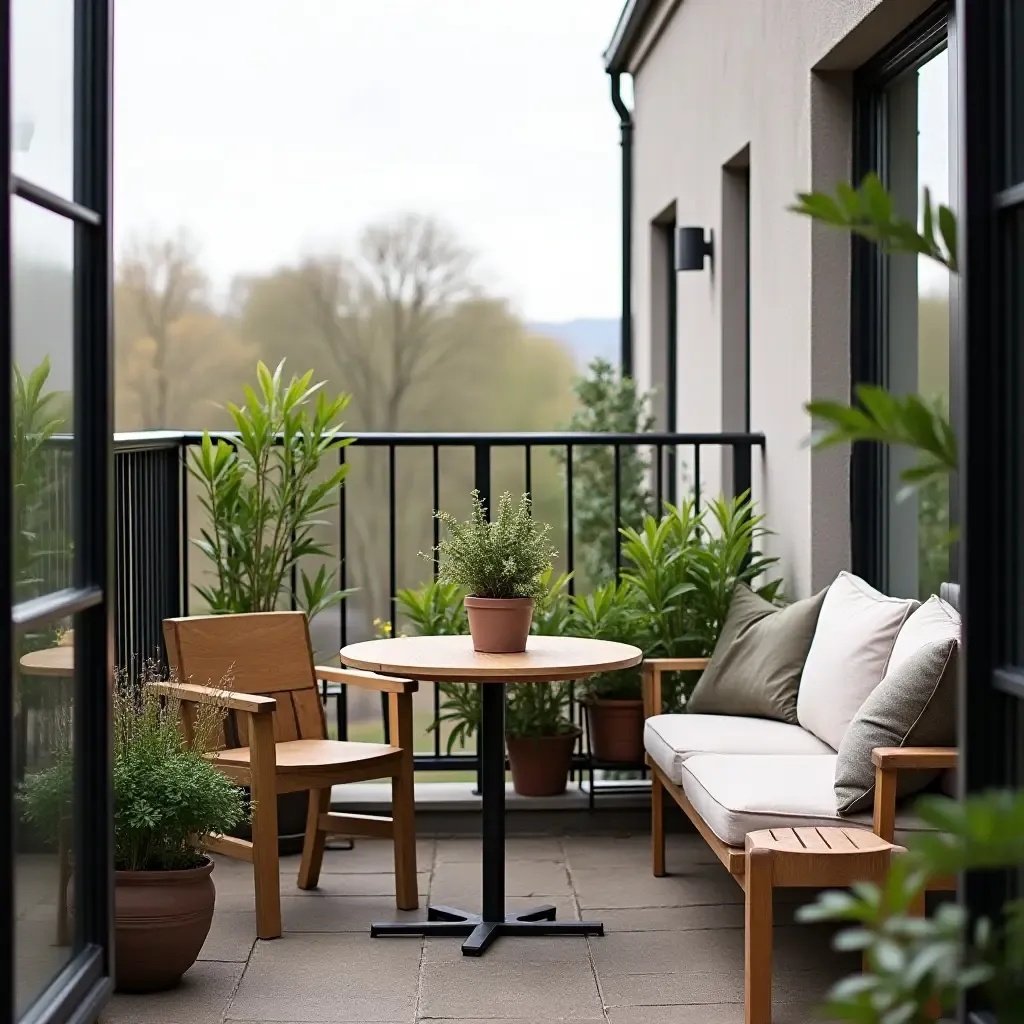 a photo of a balcony with a small outdoor table and plant centerpieces