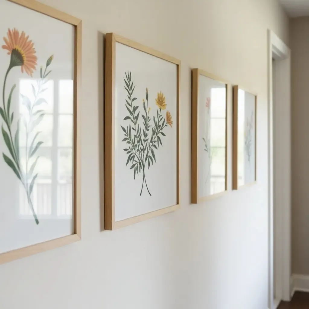 a photo of a set of framed botanical prints in a hallway