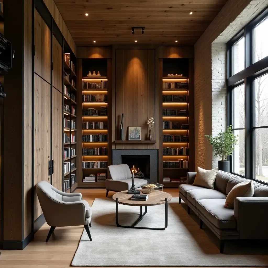 a photo of a library with a reclaimed wood feature wall and metal accents