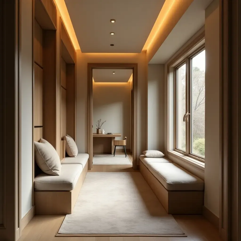 a photo of a cozy narrow corridor with a bench and cushions