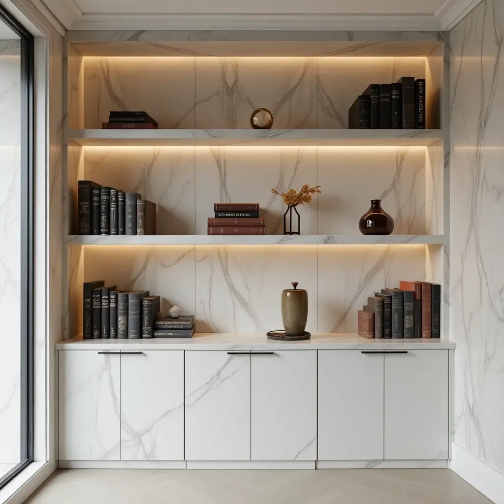 a photo of a marble bookshelf with elegant decor and soft lighting