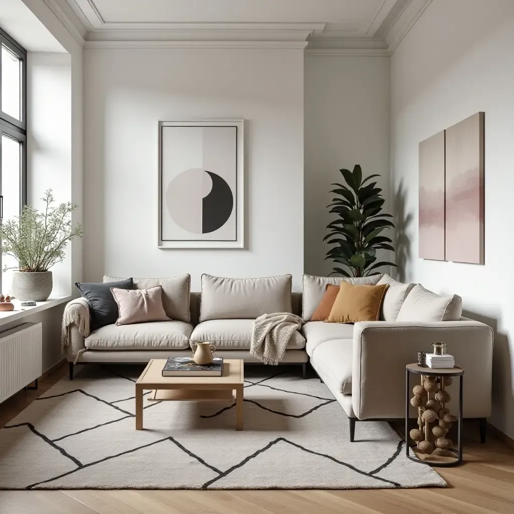 a photo of a Scandinavian living room featuring a mix of geometric patterns and soft fabrics