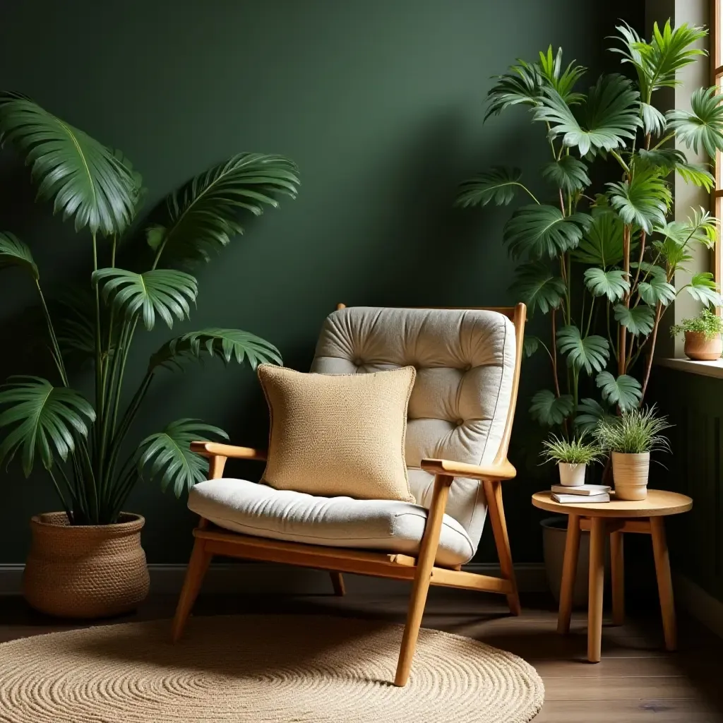 a photo of a cozy chair surrounded by leafy greens