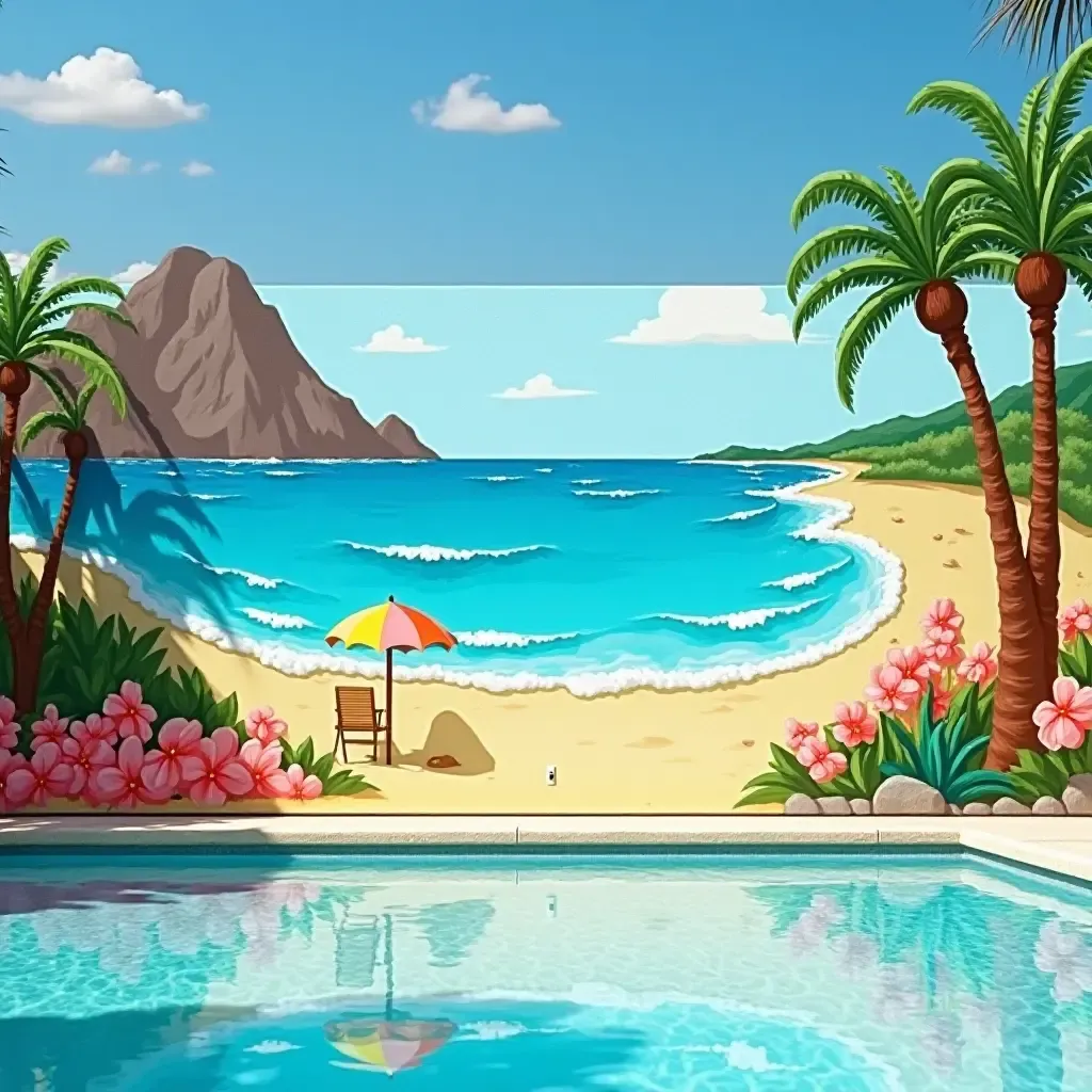 a photo of a colorful beach-themed mural on the poolside wall