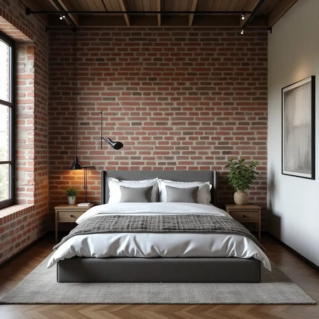 a photo of an industrial-style bedroom with exposed brick and metal accents