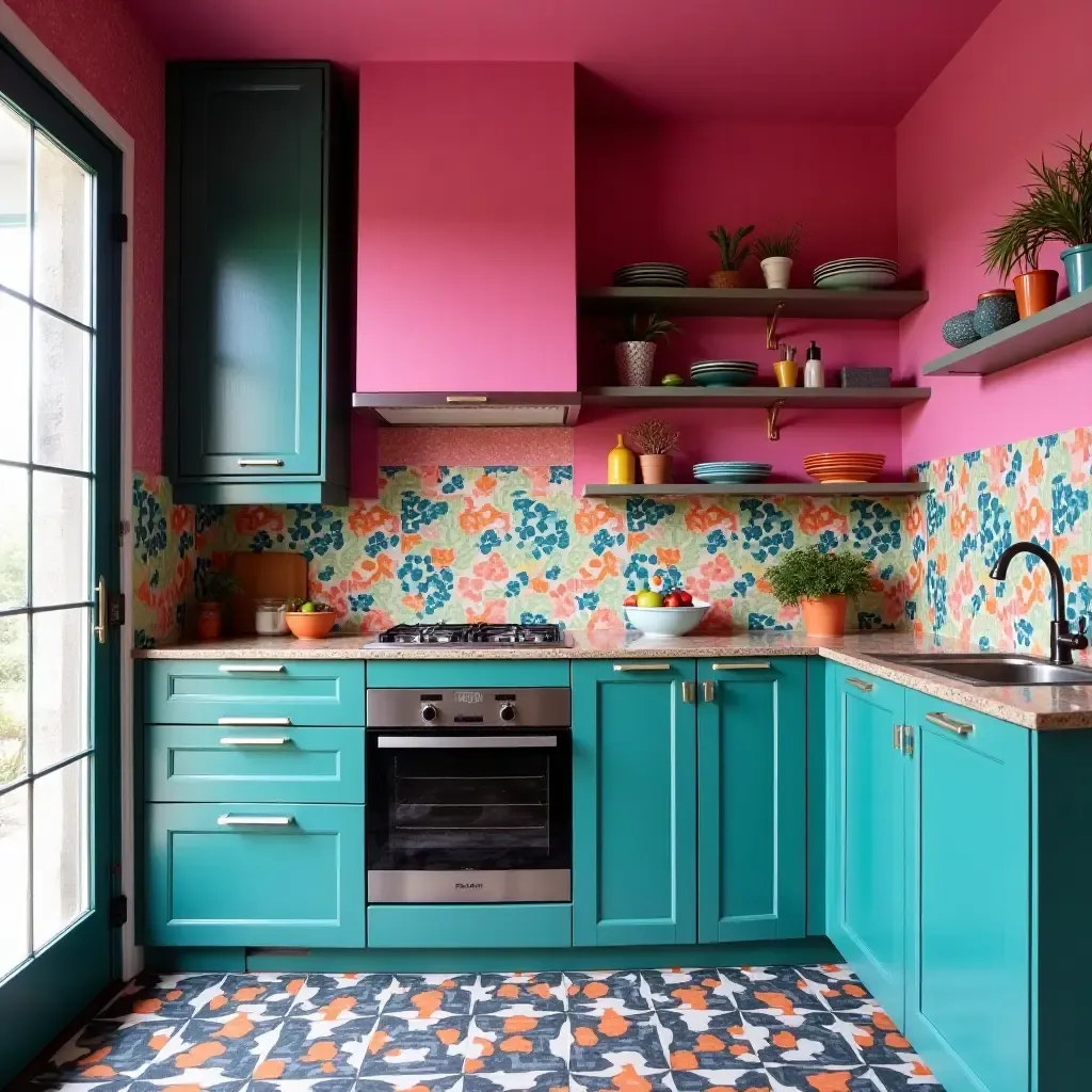 a photo of a vibrant fuchsia and turquoise kitchen with bold patterns