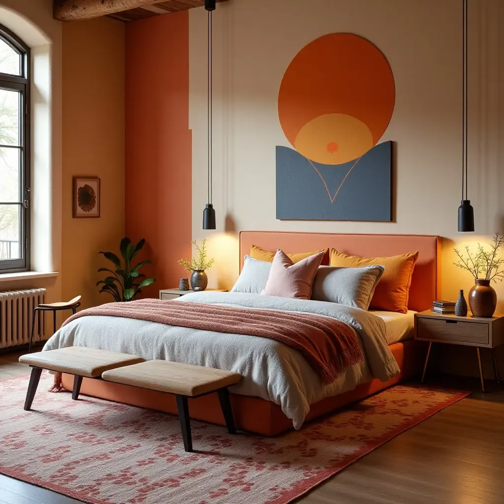 a photo of a modern bedroom featuring geometric patterns and bold Southwestern color palettes