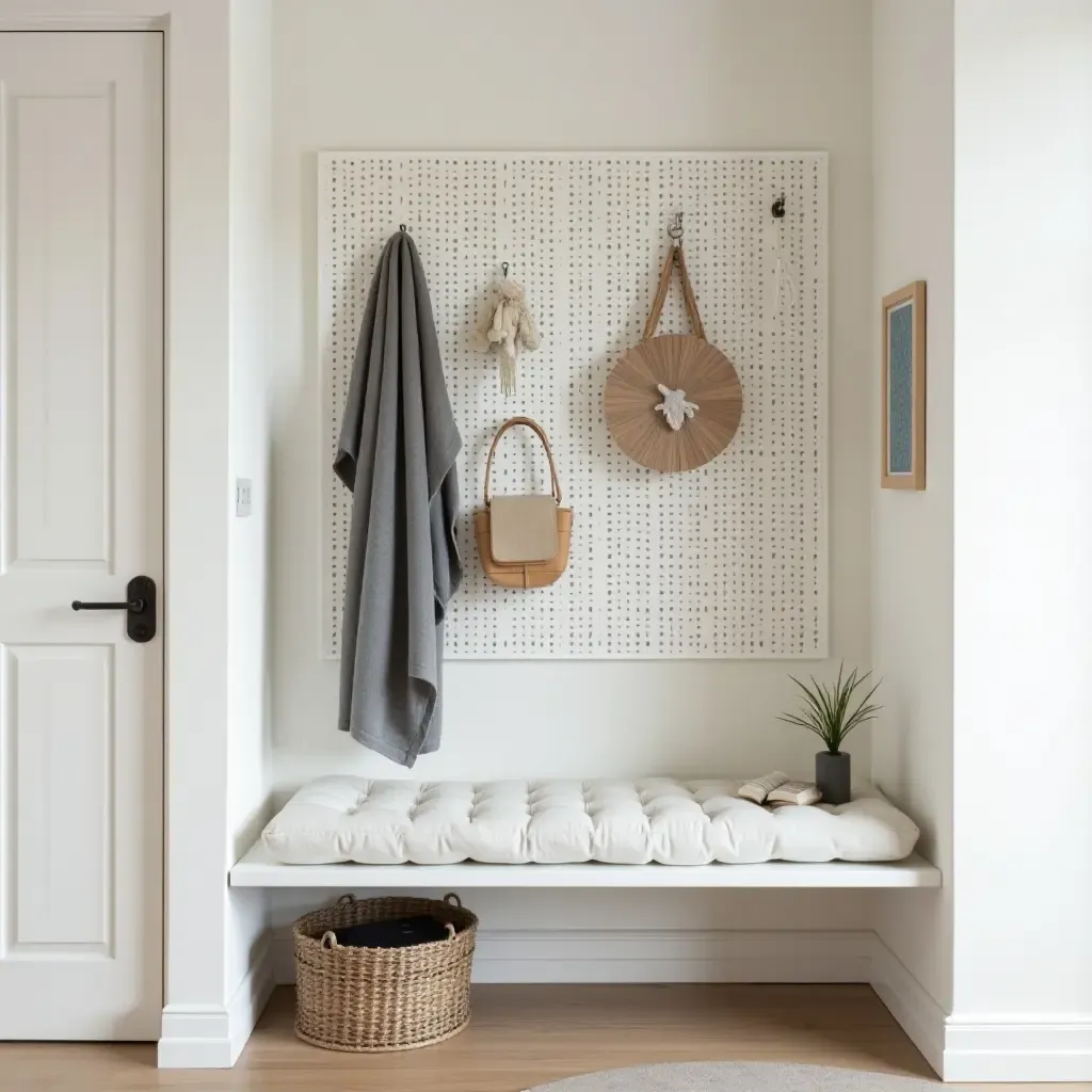 a photo of a modern entryway featuring a pegboard for organization