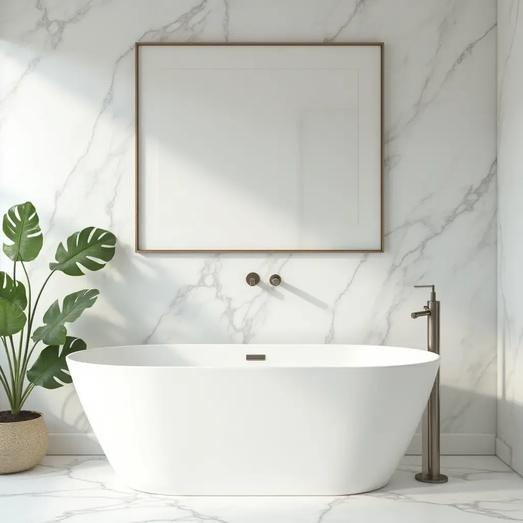 a photo of a minimalist bathroom featuring white marble and greenery