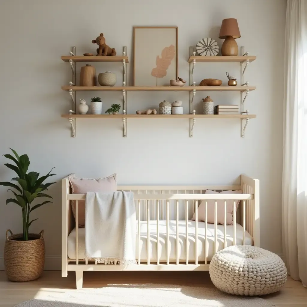 a photo of a gender-neutral nursery with versatile shelving and playful accents