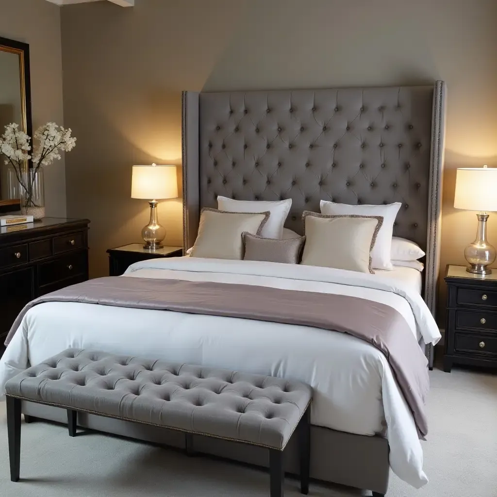 a photo of a luxurious bedroom with a tufted grey headboard and silk bedding