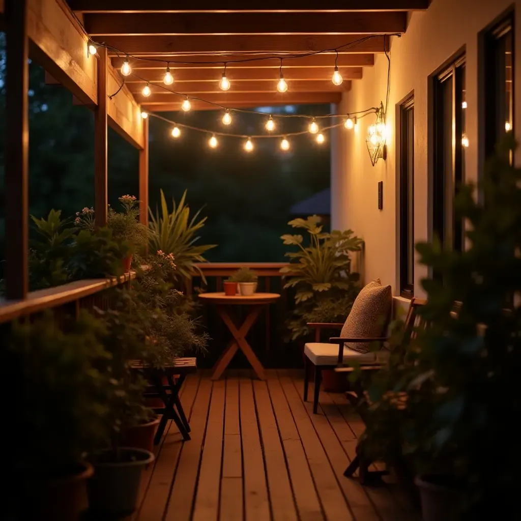 a photo of a cozy balcony with string lights and potted plants