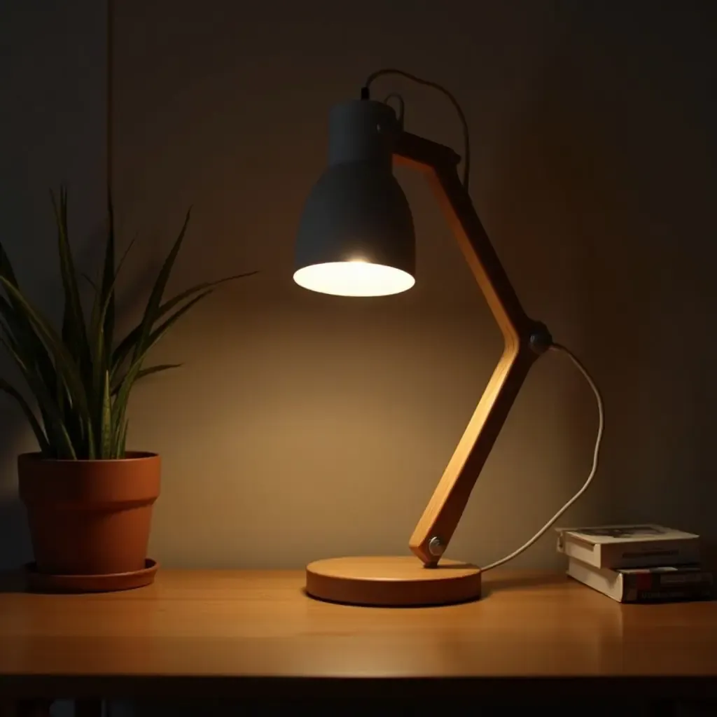 a photo of a wooden desk lamp in a basement workspace