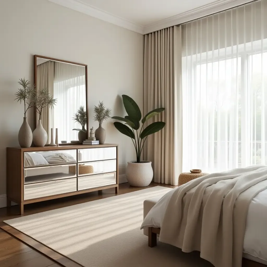 a photo of a cozy bedroom featuring mirrored furniture and bright decor