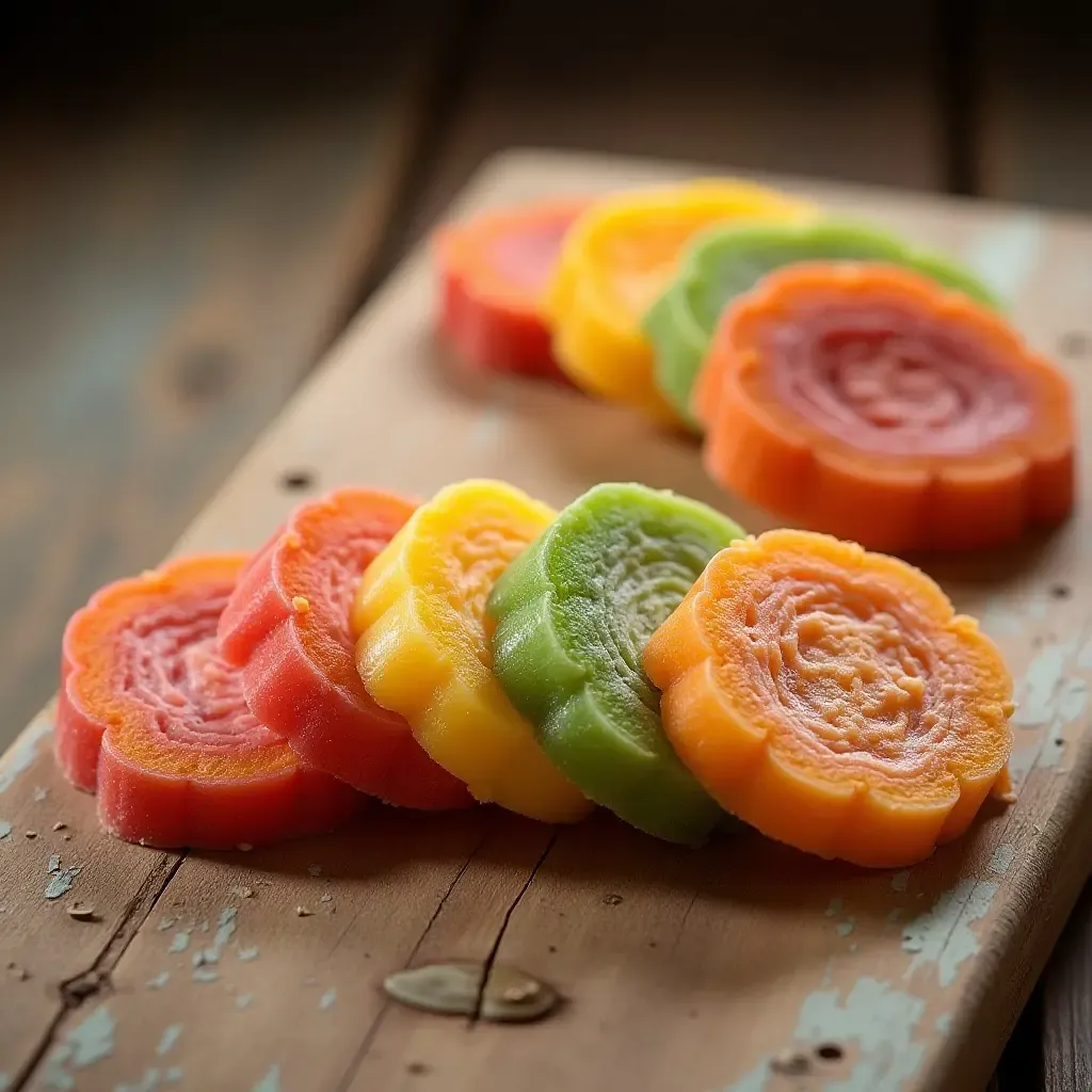 a photo of colorful turron slices arranged on a rustic wooden table in Spain.