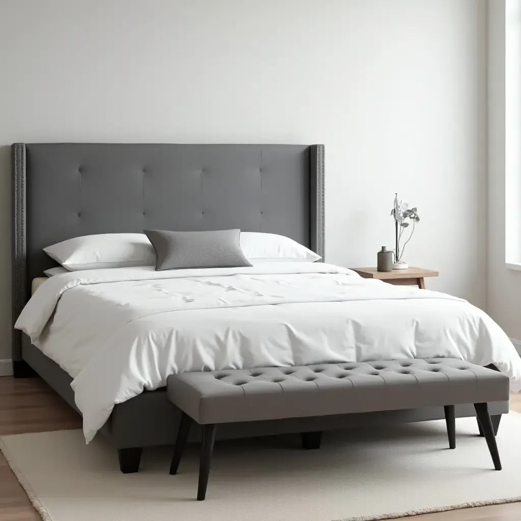 a photo of a grey headboard with a matching bench at the foot of the bed