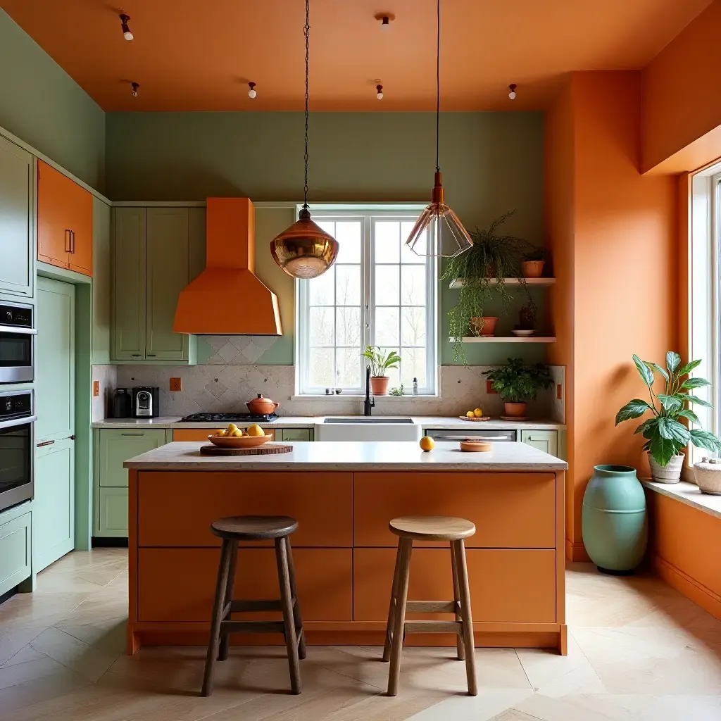 a photo of a vibrant open-concept kitchen featuring bold colors and unique decor