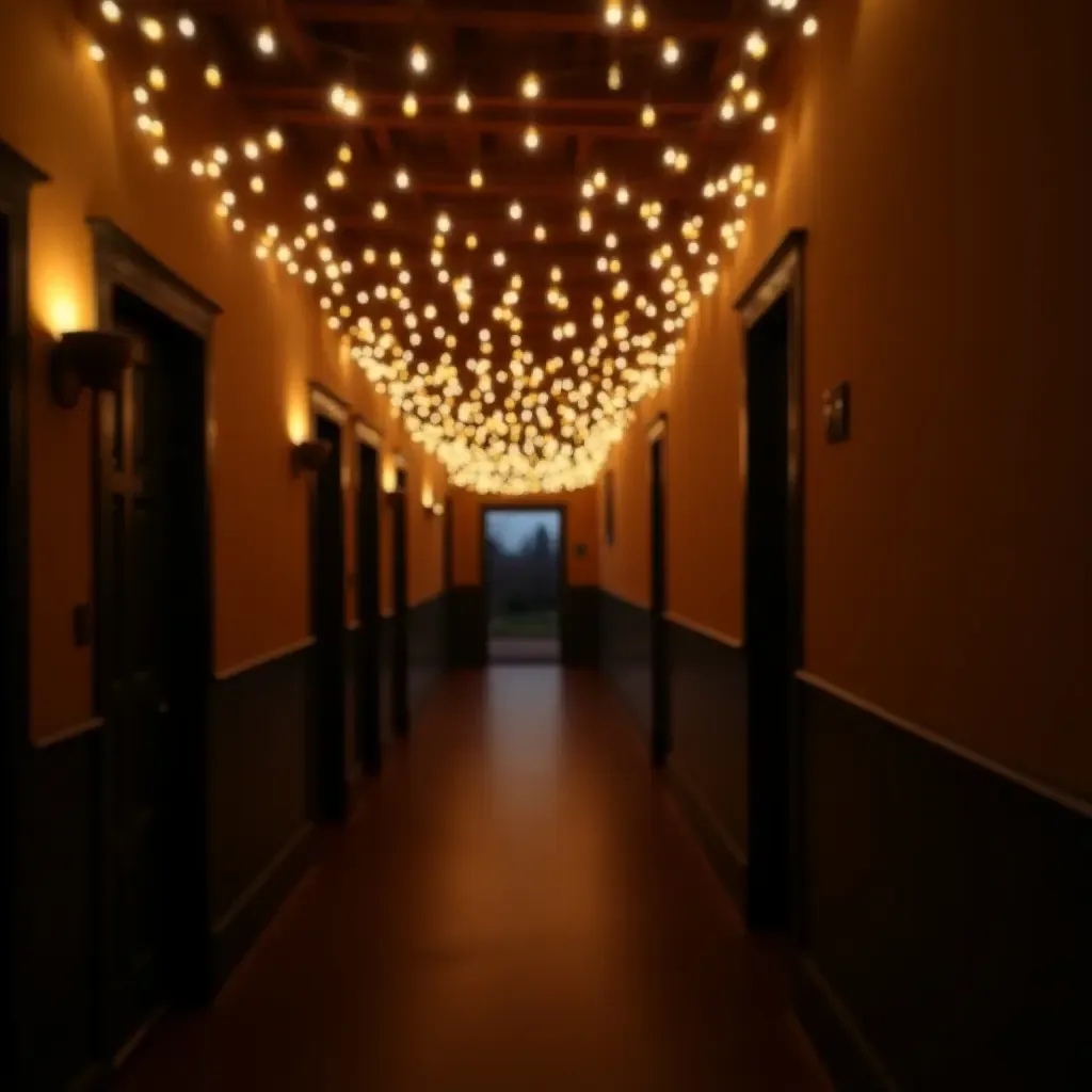 a photo of a cozy corridor with fairy lights draped overhead