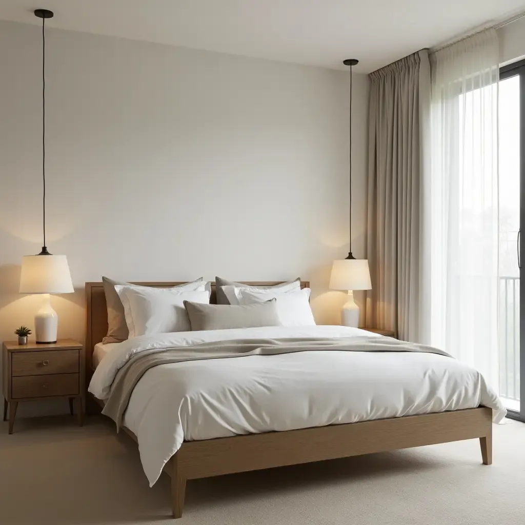 a photo of a serene bedroom featuring a large bed and minimalistic bedding